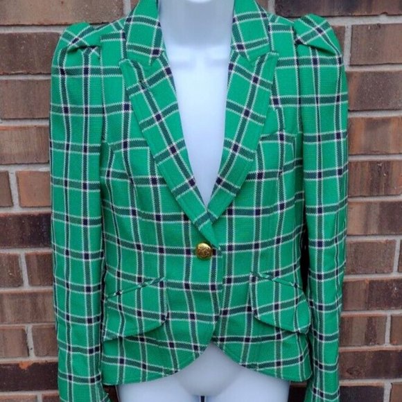 Smythe Equestrian Puff Sleeve Wool Blazer Kelly Green Hunting Plaid Size 6 NWT - Picture 3 of 9